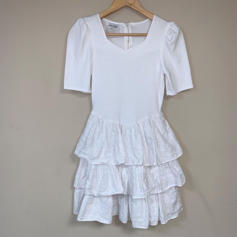 Vintage Dress 80s 90s Women's XS Puff Sleeve White Lace Ruffle Tired Dance Party